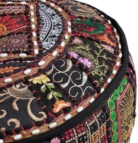 Arprani Indische Sitzpuffs, ethnisch, bestickt, indische Baumwolle, rund, Ottomane, Sitzkissen, ethnische Dekoration, Kunstbezug, nur indische Ottomane Poufs