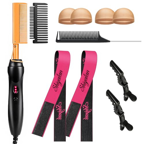 PasaRose Hot Comb Hair Straightener Set 10 pcs, Wig Cap, Hair Clips, Rat Tail Comb & Stretch Lace Band