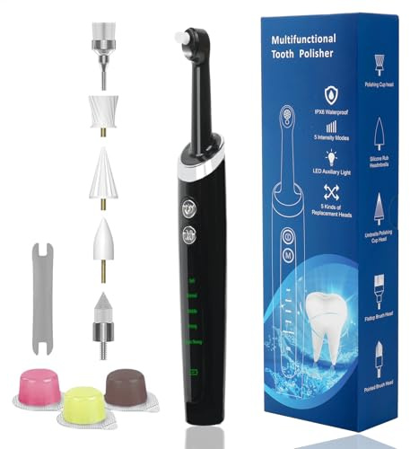 Pulidora Dental, Kit Recargable de Limpieza y Blanqueamiento Dental, Pulidora Dental Eléctrica con 3 Pastas de Pulido, 5 Cabezales, 5 Modos de Velocidad, Luz LED