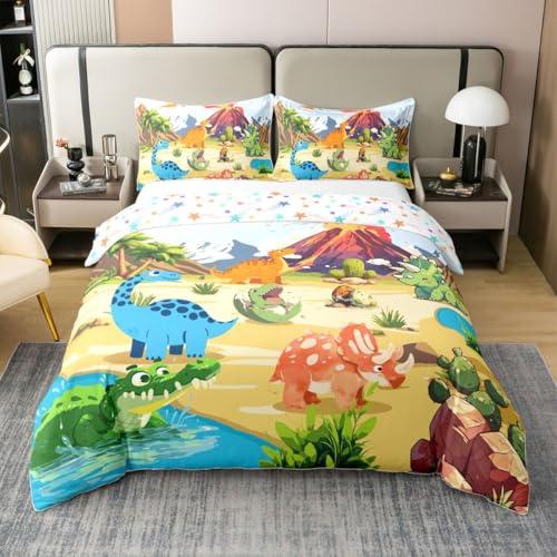 Homewish Dino Children's Cotton Bed Linen 135 x 200 cm Cartoon Animals Crocodiles Dinosaur Duvet Cover Plants Palm Trees Cacti Volcano Rocks Boys Bedding Set Cute Dirty Girls Bedding
