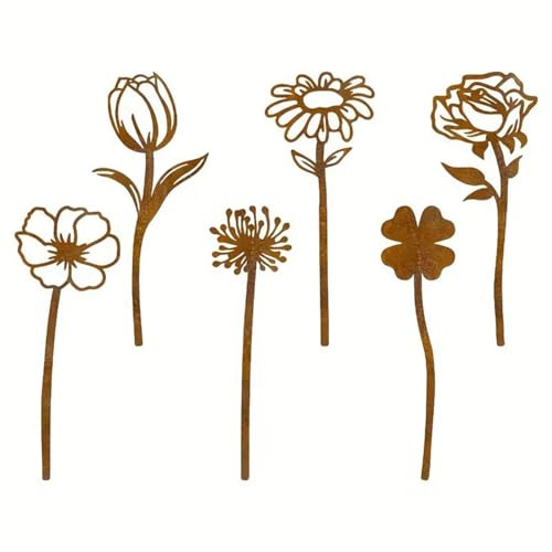 TJUSPIRIT 6er Gartendeko Gartenstecker Rost Blumenstecker | für Blumentopf, Beet, Balkon & Terrasse Deko