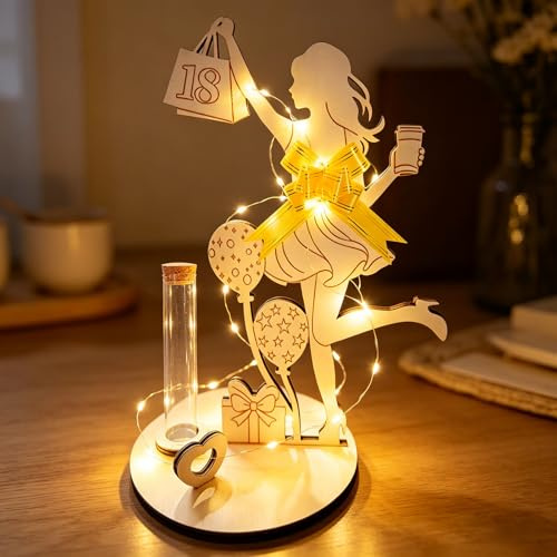 CHENBOOW Regalo di Compleanno per Donne, Regalo di Denaro per il 18° Compleanno, con Catena Luminosa a LED, Cartello in Legno, Decorazione da Tavolo