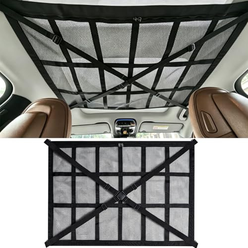 Gepäcknetz Auto Dachnetz, X-förmiger Verstärkung Doppellagige Autodach Aufbewahrung, Autonetz Organizer für Vier Dacharmlehnen, Camping Zubehör, Netztasche mit Reißverschluss, 90X65CM