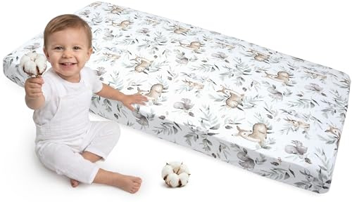 Medi Partners Spannbettlaken 70x140 Baby Bettlaken Kinderbett Spannbetttuch 100% Baumwolle - Fitted Kinder Sheet Bettwäsche Babymatratze Schlafsack Babybett(Hirsch in Blättern)