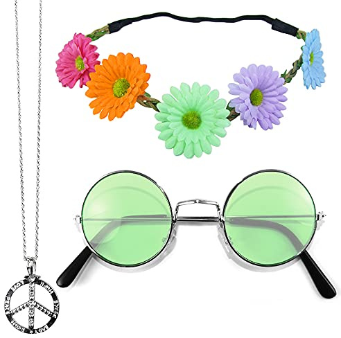 Das Kostümland Hippie Set 3-tlg. - Margeriten Haarband, Peace Kette und Lennon Brille - Bunt mit grüner Brille