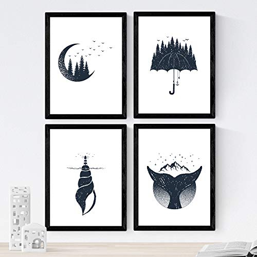 Nacnic Poster mit Bildern der Natur im nordischen Stil. Wald und Meer in blau-weiß. Moderne Inneneinrichtung. A4 mit Rahmen.