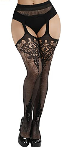 Kikoroco Collants porte-jarretelles en résille taille haute pour femme, 04 - Noir, taille unique