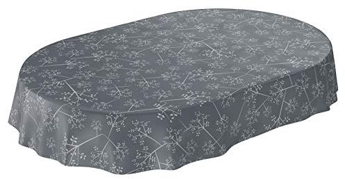 ANRO Tischdecke Wachstuch abwaschbar Wachstuchtischdecke Wachstischdecke Zweige Blätter Edel Silbereffekt Anthrazit Oval 220x140cm