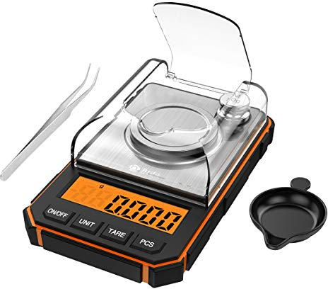 Brifit Balance de Précision, 50g/0.001g, Balance de Precision 0.001g, Balance de Cuisine avec Affichage LCD avec 50g de Poids D'étalonnage et Pincettes Électrostatiques - Orange
