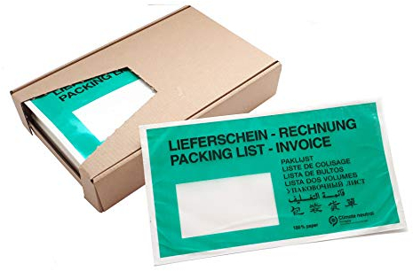 Dokumententaschen ökologisch aus Papier, Grün, 100% recyclingfähig, 250 Stück DIN-lang, Lieferschein/Rechnung - Hafttaschen