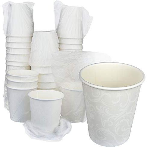 PZ 100 BICCHIERI IN CARTA COLORE BIANCO CON MOTIVO DAMASCO 8 0Z (250 ML) IMBUSTATI SINGOLARMENTE MONOUSO