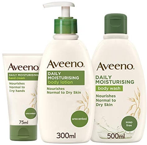 Aveeno Daily Moisturising Steps Skin Care Regime Set Body Wash Body Lotion And Hand Cream Nourishes Sensitive And Dry Skin, 3 Count
