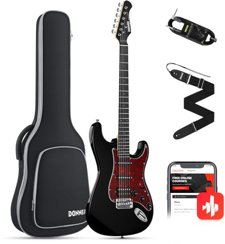 Donner Juego de guitarra eléctrica Full Size, pastillas HSS Coil Split, 39 pulgadas Solid Body ST Guitar Beginner Set con bolsa, correa, cable (Designer Series, Knight-Black)
