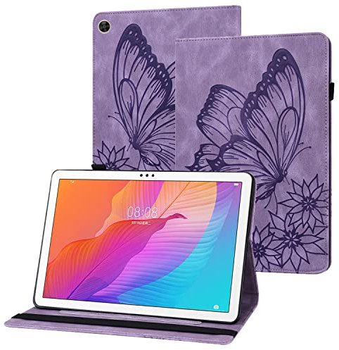 Rostsant Funda Huawei Matepad T10 / T10s Carcasa de Cuero PU Relieve de Mariposa con Soporte para Bolígrafo Funda Tableta para Huawei Matepad T 10 9.7 Pulgada/Matepad T 10s 10.1 Pulgada - Viola