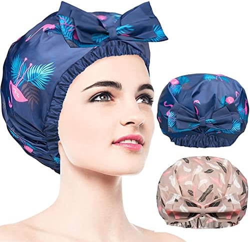 Duschhaube, 2er Pack Extra Large & Adjustable Saum & Double Layer Waterproof & Bow Knot Hair Reusable Cap für Frauen, Waterproof Exterior & EVA Lining, Oversized Design für alle Haare Längen