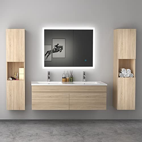 AICA sanitaire Ensemble de Meuble de Salle de Bain chêne Clair 120cm+Vasque+Miroir+Colonne Meuble Salle de Bain-Armoire de Rangement-Meubles-lavabos