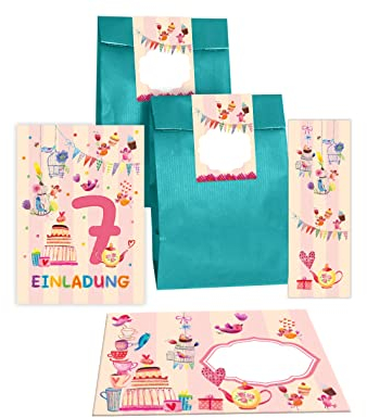 Junapack 12 Einladungskarten zum 7. Kindergeburtstag Einladung zum siebten Geburtstag Mädchen Vögelchen incl. 12 Umschläge, 12 Tüten/Petrol, 12 Aufkleber, 12 Lesezeichen
