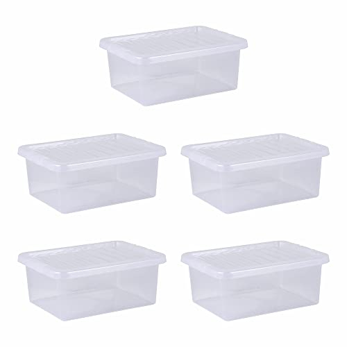 TENLITE 𝐒𝐞𝐭 𝐎𝐟 𝟓 - Transparent Plastic 17 Litre Storage Box with Clear Lid | Crystal Clear Storage Container Under-Bed Organiser Box - Made In UK