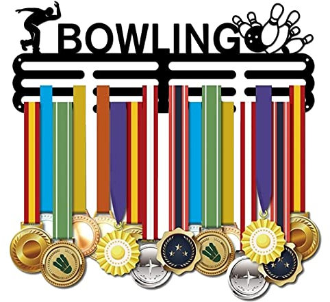 SUPERDANT Bowling Medaillenhalter Ball Thema Medaillen Aufhänger Schwarzes Eisen Wandhaken Für Wettbewerb Medaillen Aufbewahrung Wandbehang Medaillenhalter Geschenke für Sportler Kinder 40x15 cm