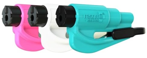 RESQME Original-Notfall-Auto-Fluchtwerkzeug, Schlüsselanhängerformat, 2-in-1 Gurtschneider/Fensterbrecher, 3er-Pack für Familien, kompakter Notfallhammer, Rosa/Weiß/Blaugrün