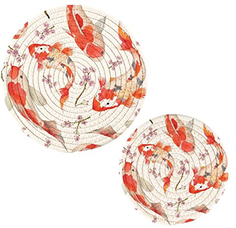 JUMBEAR 2 Stück japanische Koi-Fischblumen-Topflappen aus Baumwolle für heiße Gerichte, hitzebeständige runde Untersetzer für Küche, Esstisch, Dekoration, 17,8 cm + 22,9 cm