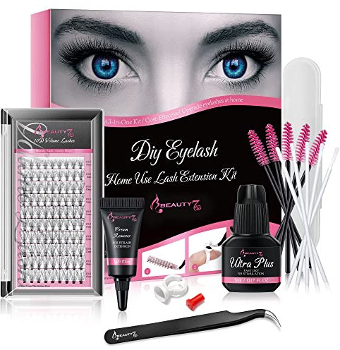 DIY Kit de Extensiones de Pestañas Pelo a Pelo, Práctica Starter Kit de Extensiones de Pestañas Bricolaje, 10D C Curl Pestañas Racimo, Pegamento, Removedor y Pinza Beauty7