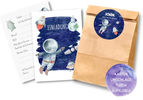 Essi's Stoff Boutique 10er-Set Astronaut Einladungskarten und Mitgebseltüten - Astronaut Kindergeburtstag Set mit Goodie Bag (Astronaut)