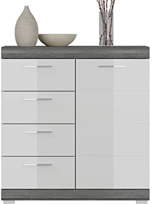 xonox.home Wohnzimmer Scout Sideboard Kommode Schrank Highboard Anrichte in Front weiß Hochglanz Korpus rauchsilber Nb., ca. 85x80x37 cm