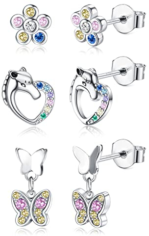 LOLIAS 3 Paar 925 Sterling Silber Kleine Ohrstecker und Baumeln Ohrringe für Damen Mädchen - Schmetterling, Herz, Stern, Delphin, Blume - Hypoallergene CZ Knorpel Schmuckset