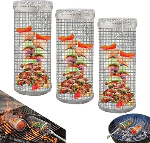[3er-Pack] BBQ Grillkorb Edelstahl - BBQ Zubehör Grillkorb Gitterrost, Grillkorb Backofen Aus Edelstahl, Runder Grillgitter Barbecue Lagerfeuer Grillkorb Für Außengrill Gemüse, Französisch Pommes