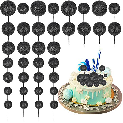 30Pcs Mini Balloon Cake Topper Glitter Foam Ball Cake Picks Decorations Faux Pearl Balls DIY Cake Insert Topper Baking Decoration for Baby Shower Wedding Anniversary Birthday Party Supplies Black