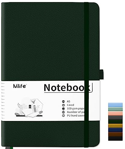 Mlife Carnet de Notes ligné A5 200 Pages,PU Hard Cover Notebook Avec Papier Épais de Qualité Supérieure 100 g/m²,Bloc-Notes Pour la Planification, l'agenda et la Prise de Notes.(Vert)