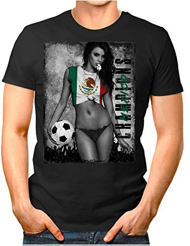OM3 - Mexico-Champions - Herren T-Shirt mit Länderflagge Sexy Girl Frau Fußball Trikot Mexiko Vintage Schwarz 4XL