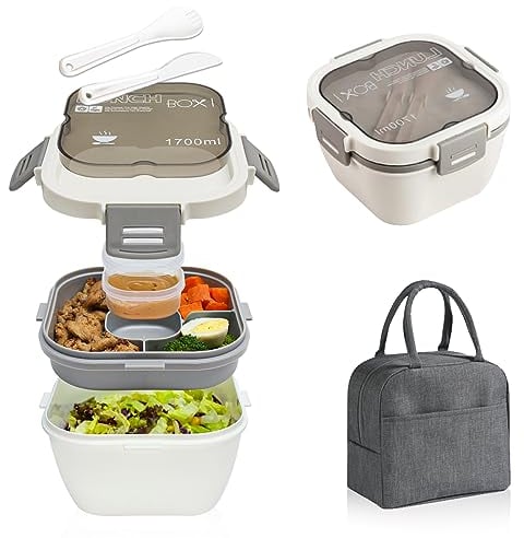 iftnotea Salad Lunch Containers for Adults with Portable Bag,60oz/1.7L Large Plastic Salad Bowls for Lunch, BPA-Free, 4-Compartment Tray & a Sauce Cup, Lid with Dual-Latches