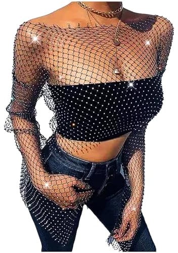 Liutufy Women's Long Sleeve Rhinestone Mesh Top - Stylish See-Through Beach Swimwear Bikini Coverups (Black)