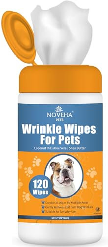 NOVEHA Wrinkle XL Wipes for Dogs | Wrinkle Wipes for Bulldog, French Bulldog, Pug, English Bulldog – Wipes for Multiple Areas Removes Dirt, Wrinkles, Folds, Tear Stain, Tail Pockets & Paws (120 Wipes)