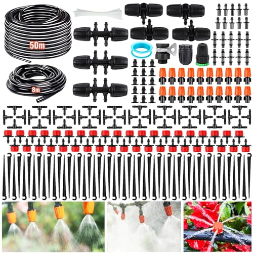 MQVXT Sistema de riego Jardín,269 PCS Kit de Riego por Goteo,50M Sistema de Riego Automático Sistema de Riego,Ajustable Boquilla Aspersor Pulverizador y Gotero Automatico para Jardin Invernadero