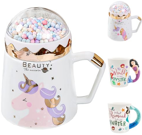 LUKIUP 500 ML Taza unicornio Linda Taza de café de cerámica con Tapa, Novedad Copa de la mañana Té Leche Navidad Jarra Regalo para niños, Mujer, Muchachas (A)
