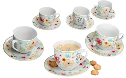 MamboCat Variant Blümchen Lot de 6 tasses à café avec soucoupes pour 6 personnes - En porcelaine colorée pour le petit déjeuner et le café - 6 tasses à thé de 200 ml et soucoupes - Vaisselle pour la
