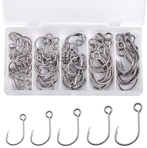 Inline Single Fishing Hooks Kit, 70pcs Single Replacement Hooks for Hard Lures High Carbon Steel Circle Large Eye Bait Hook for Bass Trout Lure Saltwater Freshwater (70PCS/BOX)