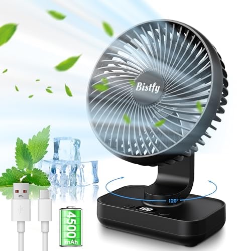 Bistfy Ventilatore da Tavolo Ultra-Silenzioso, 120° di Oscillazione, 90° di Inclinazione Della Testa Regolabile, 14cm Digitale a 4 Velocità 4500mAh Ventilatore da Scrivania Portatile USB Ricaricabile