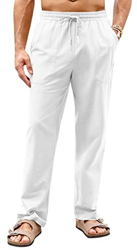 Runcati Herren Lang Leinenhose Leicht Freizeithose Loose Strandhose Yoga Männer Baumwolle Sommerhose, Weiß, XXL