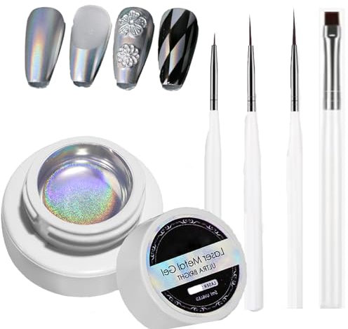 MELLTONG Nagellack mit Lasereffekt, Spiegel-Effekt, silberfarben, Metallic-Gel-Nagellack, 5 ml, Metallic-Gel, Spiegeleffekt, 4 Pinsel im Detail, holografisch, reflektierend, 3D, für Nagelkunst, Salon