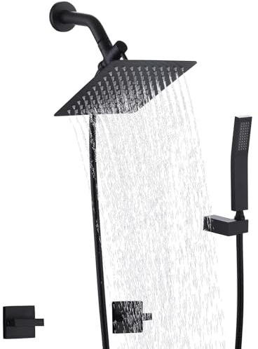 FSCEPIXI Duscharmatur-Set mit 2 Griffen, quadratischer Regenduschkopf mit Handbrause, 2-in-1-Duschsystem für Dusche, Wandmontage, Mattschwarz
