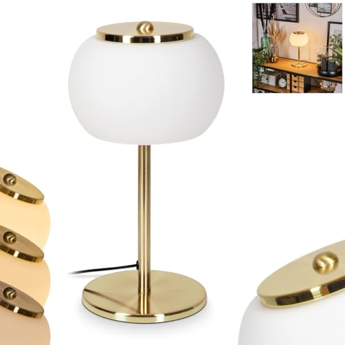 LED Tischleuchte Izenave 2er Set, dimmbare Tischlampe aus Metall/Glas in Weiß/Goldfarben, moderne Leseleuchte, Stufendimmer am An-/Ausschalter, LED 8 Watt, 800 Lumen, 3000 Kelvin, Höhe 33,5cm, Ø 18cm