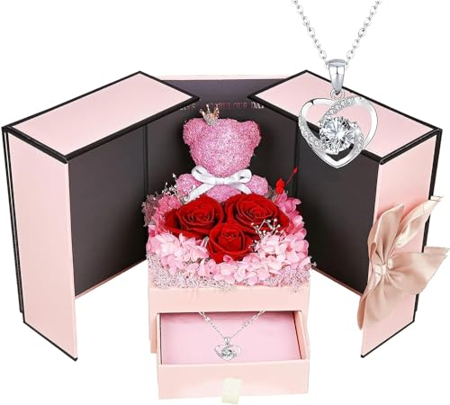 ELEUTH Rose Moosbär Geschenke für Mama,Echte Ewige Rose Geschenkbox mit Halskette,Konservierte Rose Blumen Box Muttertagsgeschenk fur Mama Frauen Ehefrau Freundin Oma Valentinstag Jahrestag Weihnachte