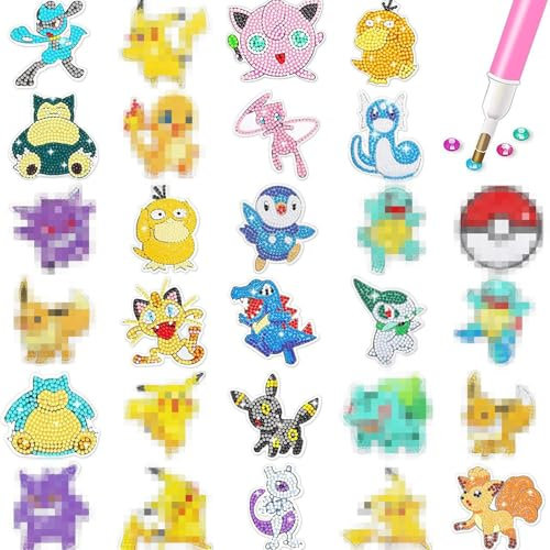 28 Stück Cute Cartoon 5D Diamond Painting Aufkleber, Anime Diamand Painting Set, Kawaii Animal Diamond Painting Kits für Kinder, Niedlich DIY Diamand Painting Stickers Kit für Erwachsene Anfänger