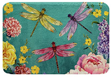 Türvorleger Fußmatte Innen Fußabtreter Waschbar Fussmatte Für Badezimmer Haustür Flur 40X60Cm Libelle Bunte Hortensie,Aquarell Blumen Rustikale Ästhetik Tier Libelle,Pastell Rosa Lila Gelb Rot