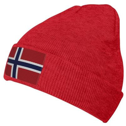 Oudrspo Beanie-Mütze mit roter Flagge von Norwegen für Herren und Damen, warm, aus Strick, mit Bündchen