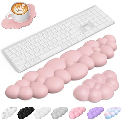 TECKNET Wolke Tastatur-Handballenauflage, ergonomisch & handgelenkschonend, rutschfeste Unterseite, Memory-Schaum mit PU-Leder gegen Müdigkeit, 3-in-1 Handauflage Set für Büro und Gaming – Rosa